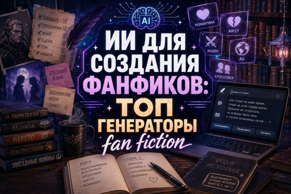 Главный баннер статьи ИИ для создания фанфиков ТОП генераторов fan fiction с книгами и ноутбуком.
