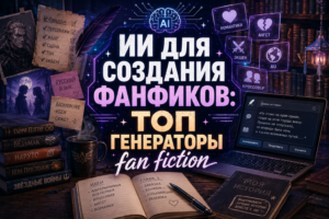 Главный баннер статьи ИИ для создания фанфиков ТОП генераторов fan fiction с книгами и ноутбуком.