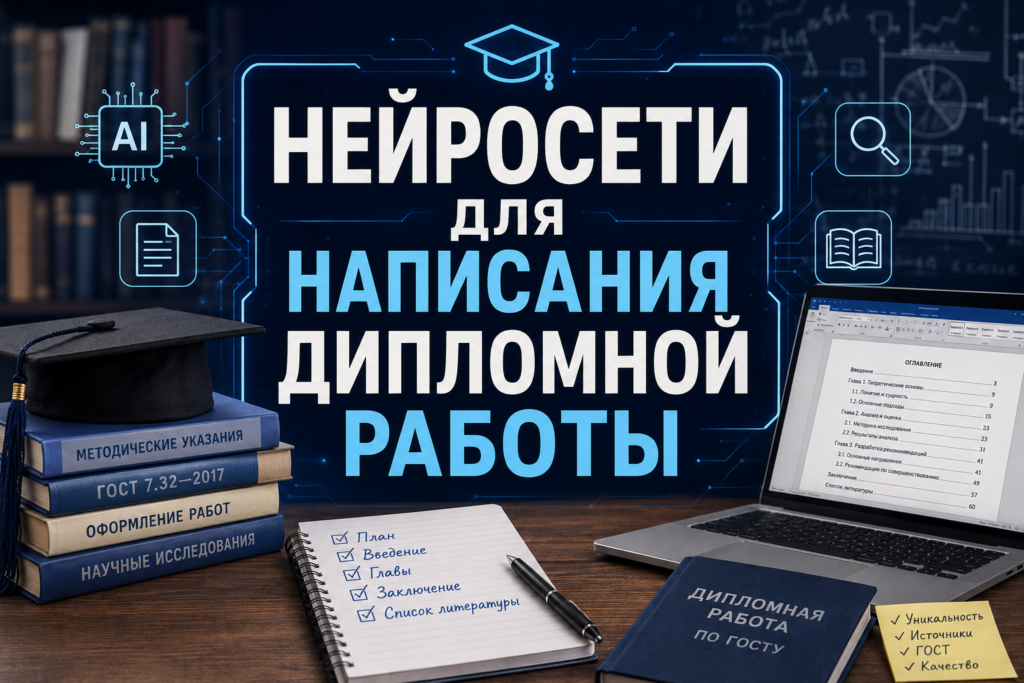 Коллаж на тему использования нейросетей для написания дипломной работы с изображением ноутбука, книг по ГОСТу и списка задач.
