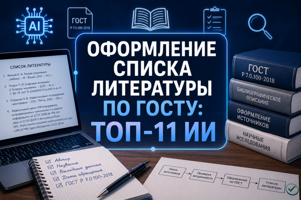 Главный баннер статьи об оформлении списка литературы по ГОСТу с помощью ТОП-11 нейросетей и ИИ.