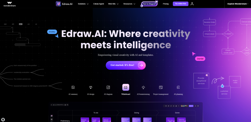 Главная страница Edraw.AI от Wondershare, ИИ-инструмент для создания блок-схем и интеллект-карт.