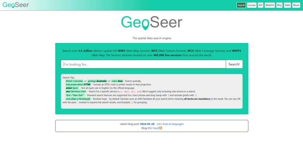Интерфейс поисковой системы пространственных данных GeoSeer для поиска ГИС-датасетов.