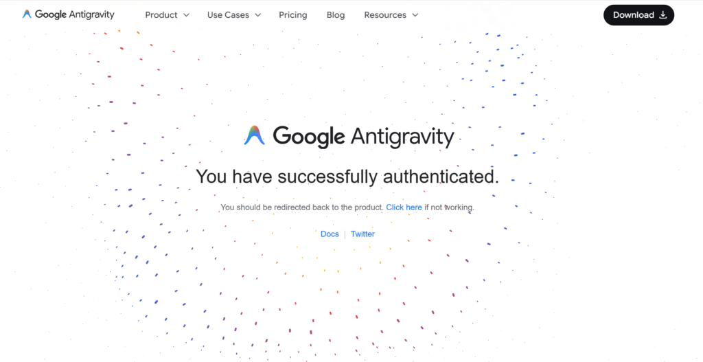 Экран успешной авторизации в личном кабинете Google Antigravity на официальном сайте.