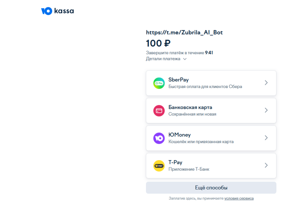 Страница оплаты заказа через ЮKassa для бота Zubrila AI.