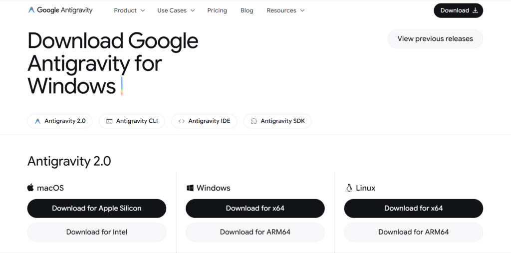 Страница скачивания Google Antigravity 2.0 для операционных систем Windows, macOS и Linux.