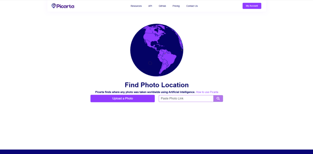Поисковая строка сервиса Picarta для поиска местоположения фотографии по всему миру.