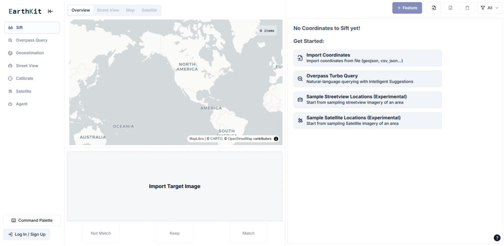 Панель управления и карта мира в интерфейсе OSINT-инструмента EarthKit.