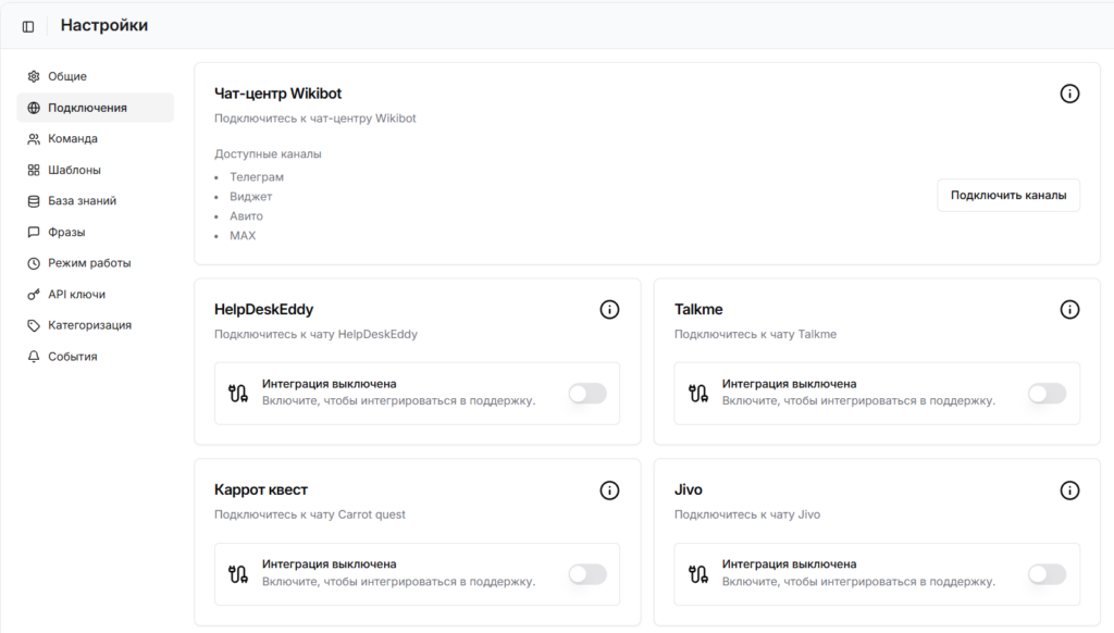 Настройка интеграций чат-центра Wikibot с внешними CRM и хелпдесками.