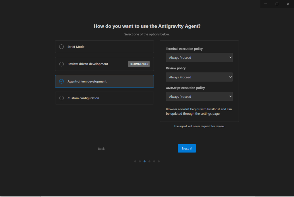 Настройка режимов работы ИИ-помощника Antigravity Agent в окне конфигурации (Agent-driven development).