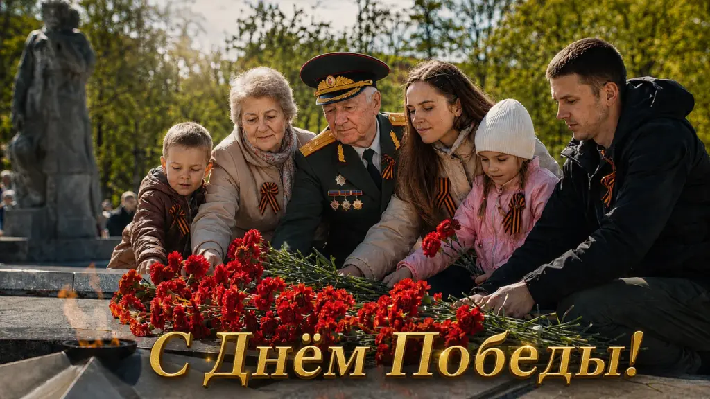 Семья возлагает цветы к военному мемориалу