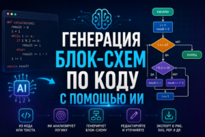 Инфографика на русском языке «Генерация блок-схем по коду с помощью ИИ» с иконками этапов работы.