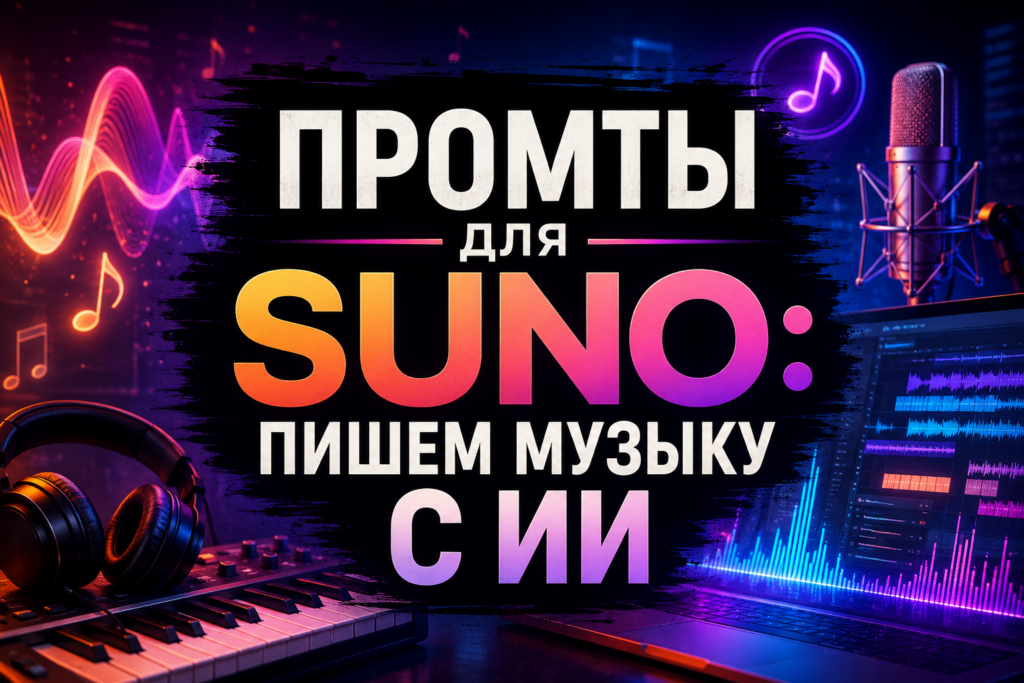 Промты для Suno: создание музыки с ИИ в неоновом музыкальном интерфейсе с микрофоном, синтезатором и аудиоволнами