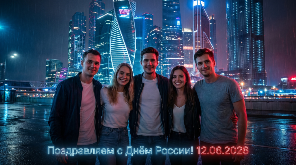 Молодые люди в Москва Сити ночью под дождем поздравление с Днем России 12 июня 2026