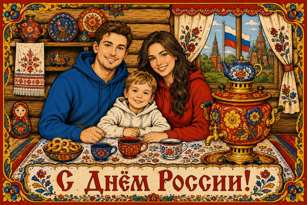 Счастливая семья в русском стиле у самовара с баранками открытка С Днем России