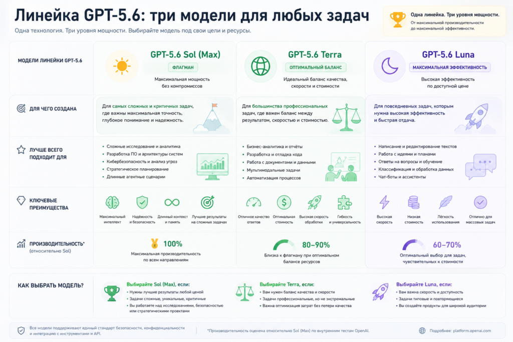 Инфографика линейки моделей GPT-5.6 Sol, Terra и Luna со сравнением их ключевых преимуществ, производительности и назначения.