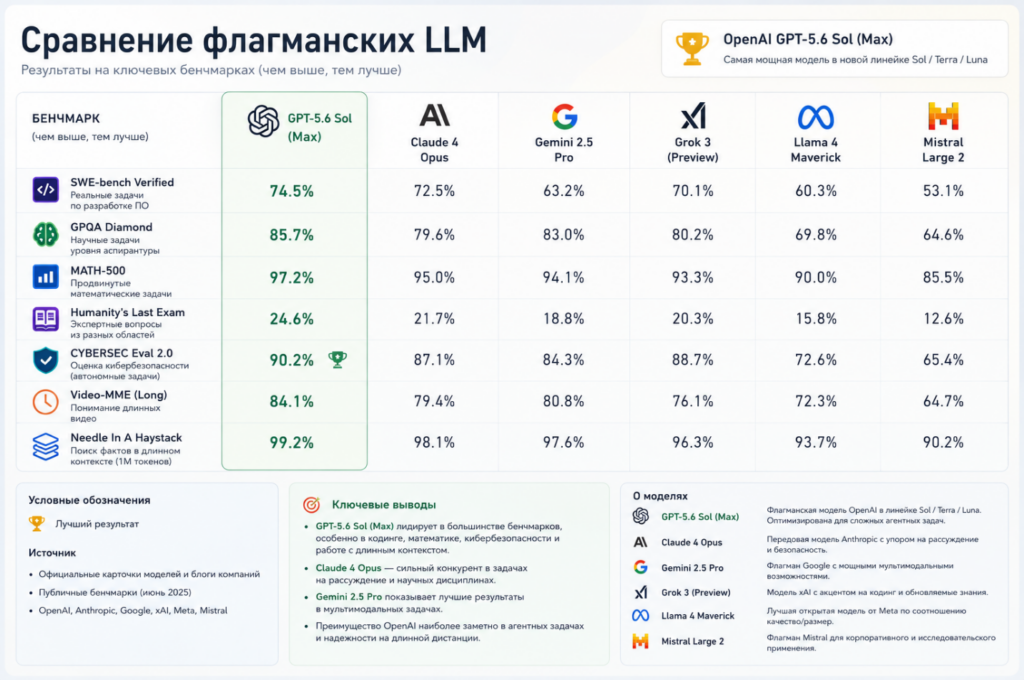 Сводная таблица сравнения флагманских LLM на бенчмарках SWE-bench, GPQA, MATH-500, Humanity's Last Exam с лидером GPT-5.6 Sol.