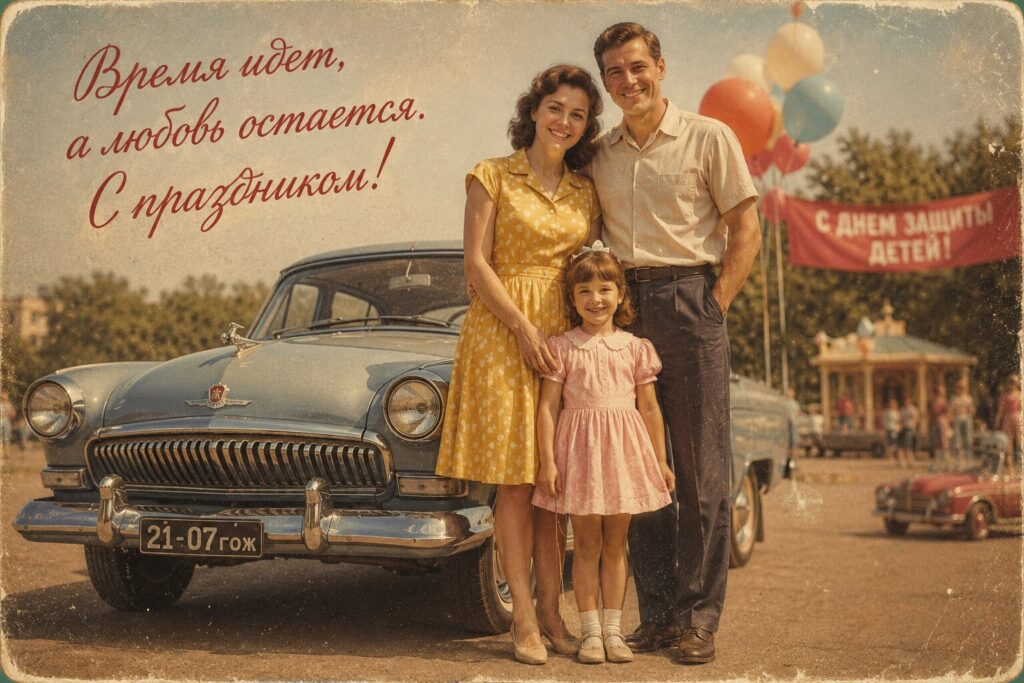 Советская ретро-открытка в стиле СССР с семьей, маленькой девочкой и винтажным автомобилем ГАЗ-21 Волга.