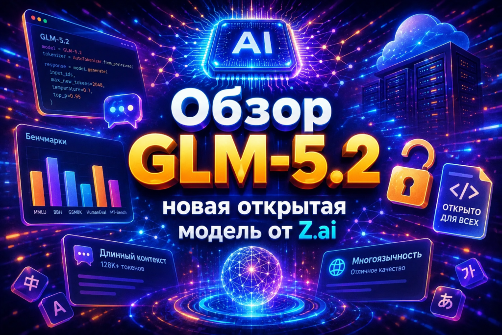 Главный баннер обзора новой открытой нейросети GLM-5.2 от компании Z.ai с характеристиками контекста и многоязычности.