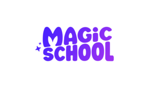 Логотип образовательной платформы Magic School фиолетового цвета на белом фоне с маленькими искрами.