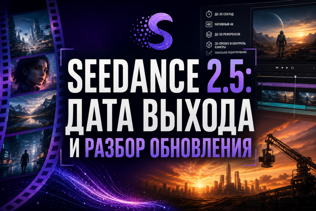 Превью к новости о Seedance 2.5 с заголовком «SEEDANCE 2.5: ДАТА ВЫХОДА И РАЗБОР ОБНОВЛЕНИЯ» на фоне футуристических пейзажей, интерфейса видеоредактора и кадров, сгенерированных нейросетью.