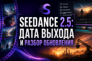 Превью к новости о Seedance 2.5 с заголовком «SEEDANCE 2.5: ДАТА ВЫХОДА И РАЗБОР ОБНОВЛЕНИЯ» на фоне футуристических пейзажей, интерфейса видеоредактора и кадров, сгенерированных нейросетью.