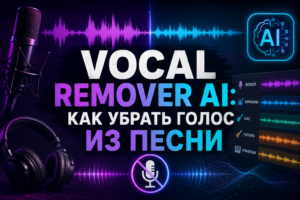 Яркий неоновый баннер с микрофоном, наушниками и надписью «Vocal Remover AI: Как убрать голос из песни».