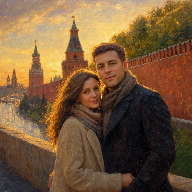 Влюбленная пара в пальто у Кремлевской стены в Москве картина маслом осень