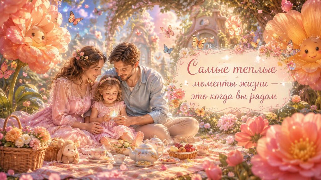 Семейный пикник мамы, папы и дочки на поляне среди огромных сказочных цветов и бабочек, ИИ-арт.
