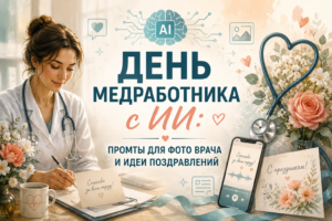 Обложка статьи про День медработника с ИИ: женщина-врач пишет за столом, рядом стетоскоп, цветы, смартфон и надпись «Промты для фото врача».