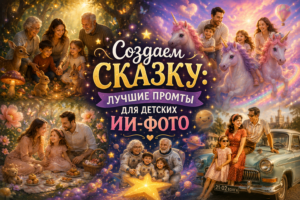 Коллаж из детских сказочных картинок, сгенерированных нейросетью, с текстом Создаем сказку: лучшие промты для детских ИИ-фото.