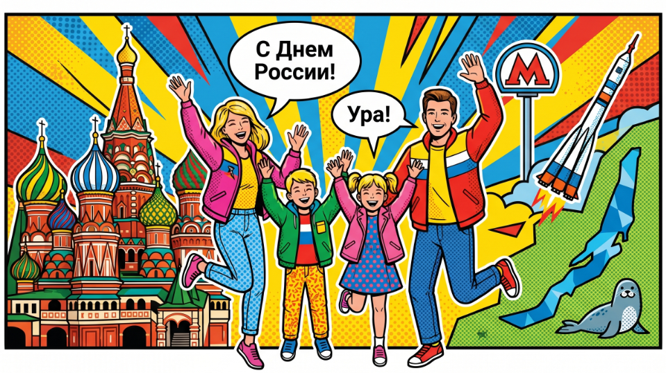 Яркий комикс поп арт открытка С Днем России счастливая семья прыгает