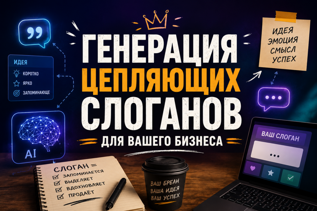 Креативный баннер на тему «Генерация цепляющих слоганов для вашего бизнеса» с элементами искусственного интеллекта (AI), ноутбуком и блокнотом.