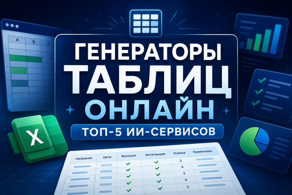Главный баннер статьи "Генераторы таблиц онлайн: ТОП-5 ИИ-сервисов" с иконкой Excel, графиками и примером таблицы.