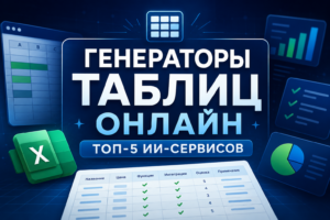 Главный баннер статьи "Генераторы таблиц онлайн: ТОП-5 ИИ-сервисов" с иконкой Excel, графиками и примером таблицы.