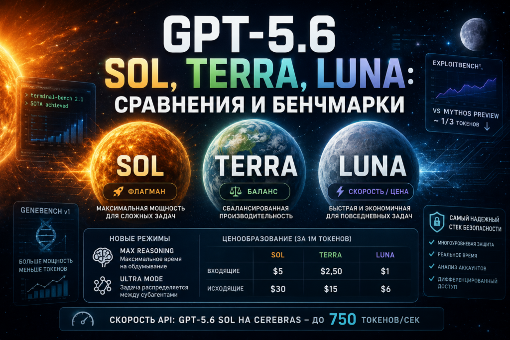Главный баннер-презентация линейки GPT-5.6 Sol, Terra, Luna с ценами за 1 миллион токенов, новыми режимами работы и скоростью API.