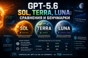 Главный баннер-презентация линейки GPT-5.6 Sol, Terra, Luna с ценами за 1 миллион токенов, новыми режимами работы и скоростью API.