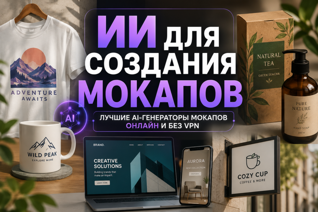 Главный баннер статьи об ИИ для создания мокапов с примерами футболок, кружек, сайтов и упаковки.