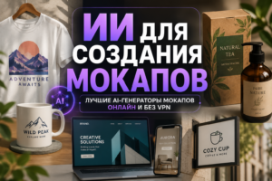 Главный баннер статьи об ИИ для создания мокапов с примерами футболок, кружек, сайтов и упаковки.