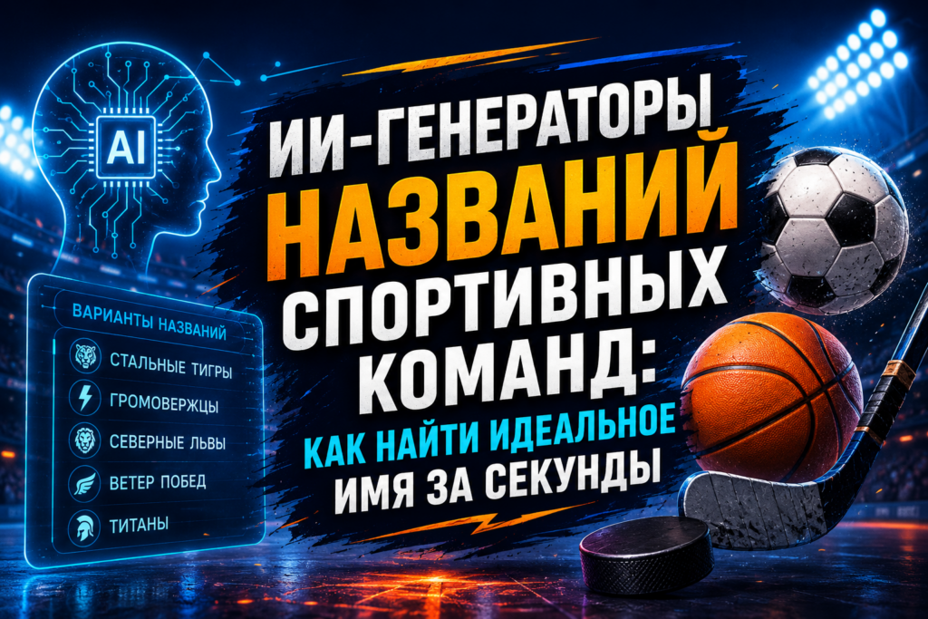 ИИ-генераторы названий спортивных команд на фоне стадиона с баскетбольным и футбольным мячами.