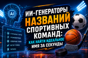 ИИ-генераторы названий спортивных команд на фоне стадиона с баскетбольным и футбольным мячами.
