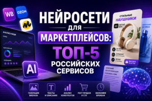 Alt Text: Баннер ТОП-5 российских нейросетей для маркетплейсов WB, Ozon и Яндекс Маркет с функциями генерации инфографики и анализа конкурентов.