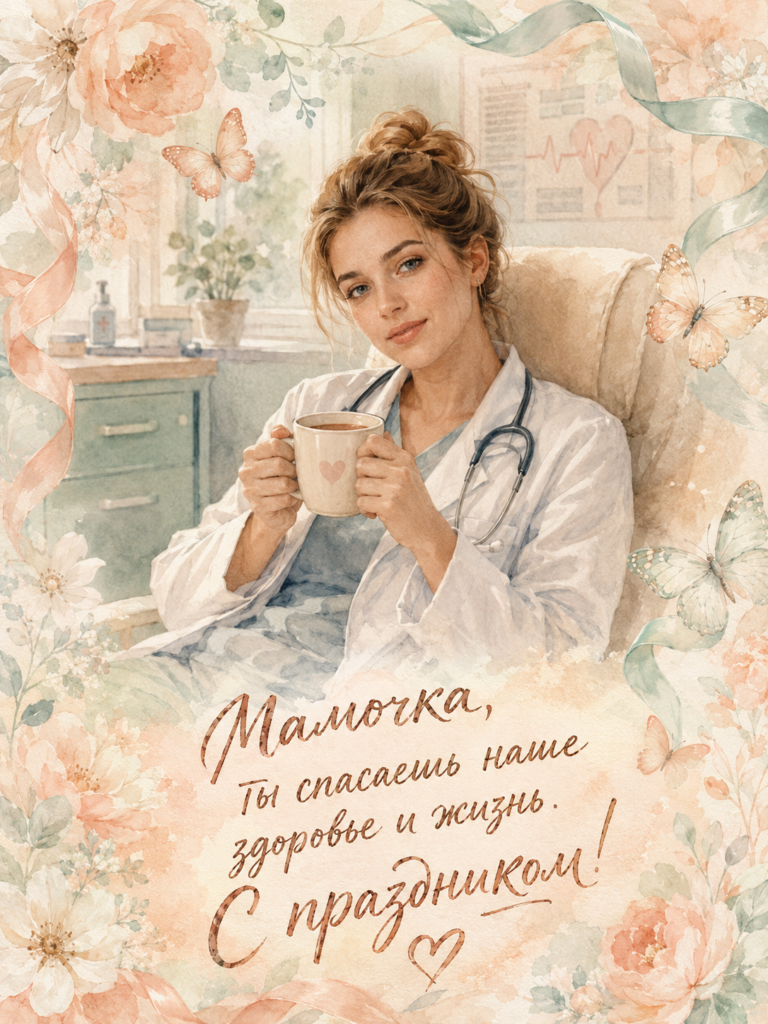 Акварельная открытка ко Дню медика для мамы с изображением улыбающейся женщины-врача с чашкой, окруженной цветами и бабочками.