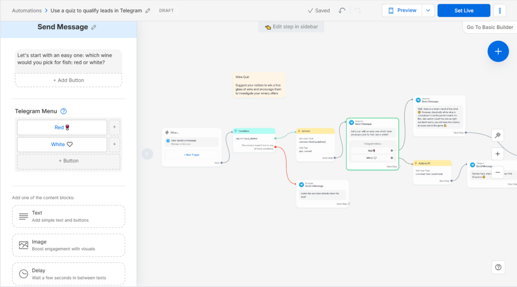 Интерфейс визуального конструктора ManyChat Flow Builder с настроенной цепочкой шагов для викторины про вино в Telegram.