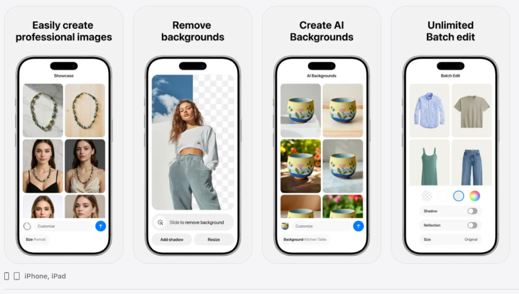 Скриншоты интерфейса мобильного приложения Pixelcut для iPhone и iPad с демонстрацией функций удаления фона и создания ИИ-подложек.
