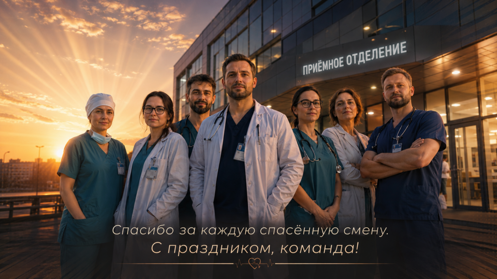 Группа врачей в медицинской форме и белых халатах на фоне здания с надписью «Приёмное отделение» в лучах заката.