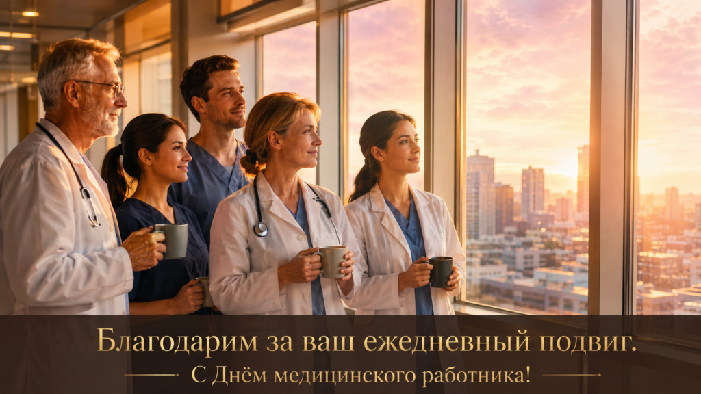 Пять врачей разного возраста с кружками в руках смотрят в панорамное окно больницы на город во время золотого заката.