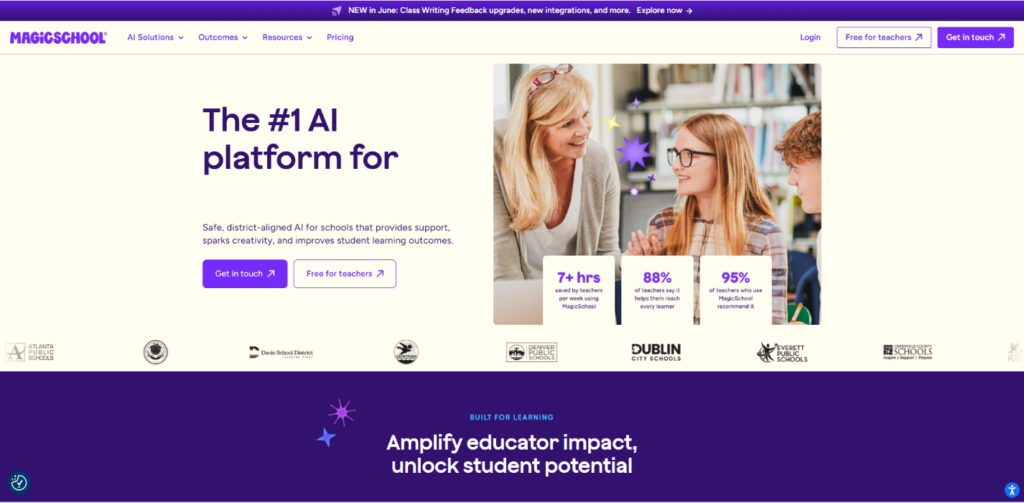 Главная страница официального сайта MagicSchool AI с заголовком The #1 AI platform for schools и статистикой экономии времени учителей.