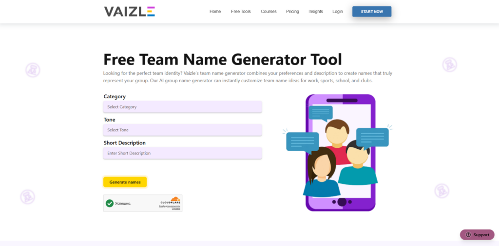 Бесплатный инструмент Free Team Name Generator Tool на веб-сайте Vaizle.