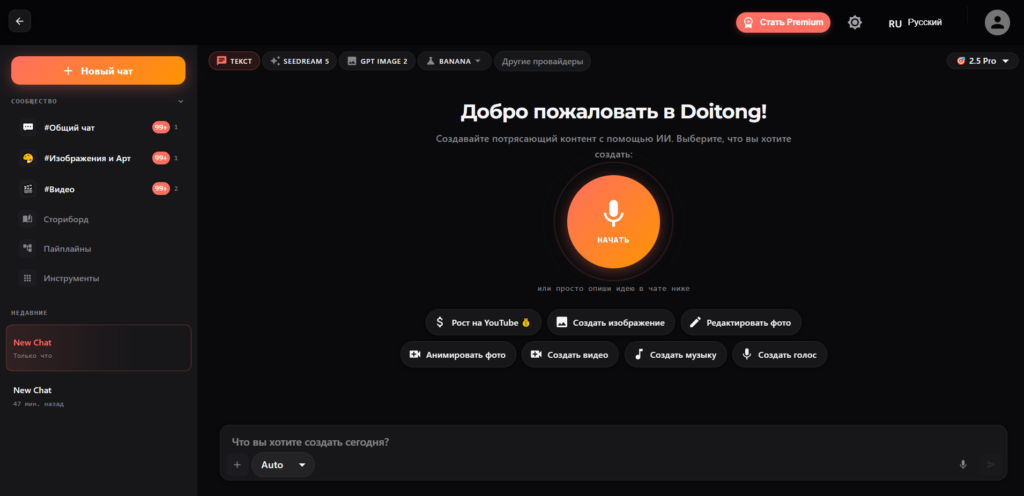 Главная страница личного кабинета Doitong с кнопкой голосового ввода и ИИ-провайдерами.