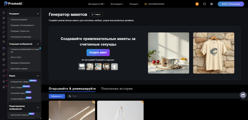 Интерфейс генератора макетов и на платформе PromeAI на русском языке.